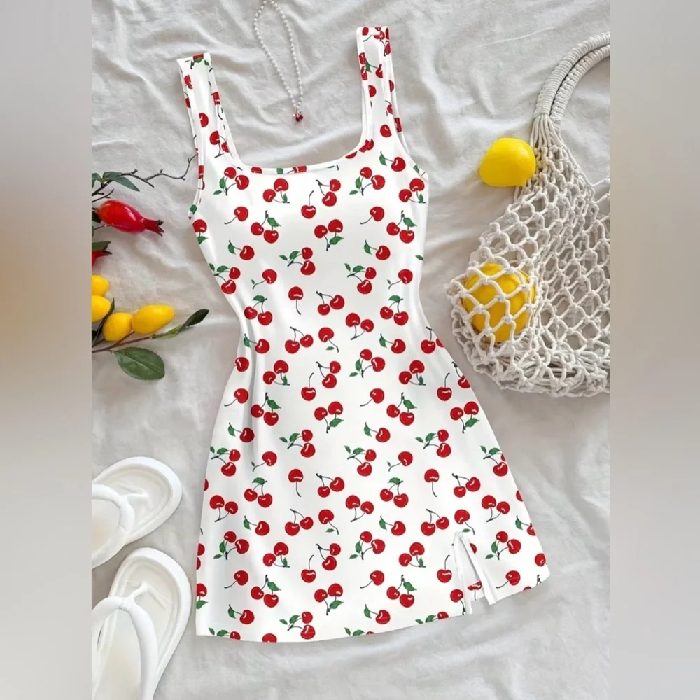 Cherry-Print Sleeveless Tank Dress — White with Red Cherries